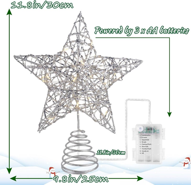 AUMAYCO Christmas Silver Star Tree Toppers Metal Lighted with 20 LED Lights, Remote Control Star Tree Topper for Christmas Tree Decorations and Xmas Holiday Seasonal Décor, 11.8 x 9.5 Inch - Image 2